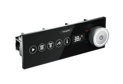 Digitales Steuergerät mit Drehknopf, Temperaturanzeige (38°C) und Icons für verschiedene Funktionen, hergestellt von Hansgrohe.